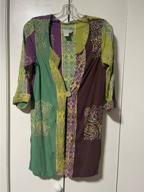 Soft Surroungings Bohemian Patchwork Tunic Cardigan in Green, Purple, Brown